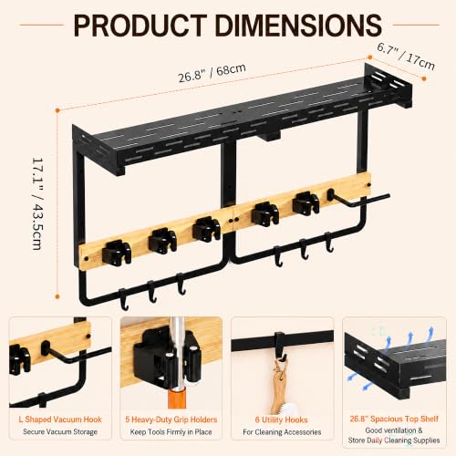 Mop and Broom Holder Wall Mount with Railing Shelf,3-in-1 - Image 3