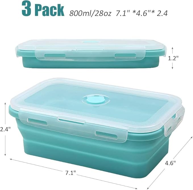 Alimat PluS 27oz Silicone Food Storage Containers, 3 Pack Set 800ml Collapsible Food Storage Containers with Lids(Blue)