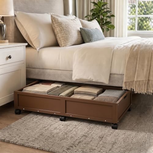2 Pack Bamboo Under Bed Storage Containers with Wheels, Brown - Image 2