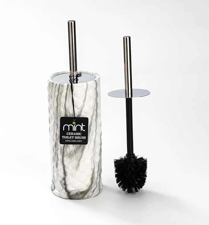 J&V TEXTILES Ceramic Toilet Brush, Toilet Bowl Brush with Extra Long Handle Durable Bristles Toilet Scrubber and Covered Holder for Toilet Brush Set for Bathroom Cleaning (Chrome/Marble)