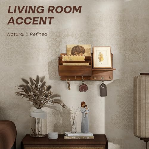 Pine Wood Key Holder Wall Mount with Mail Sorter, Light Brown - Image 6