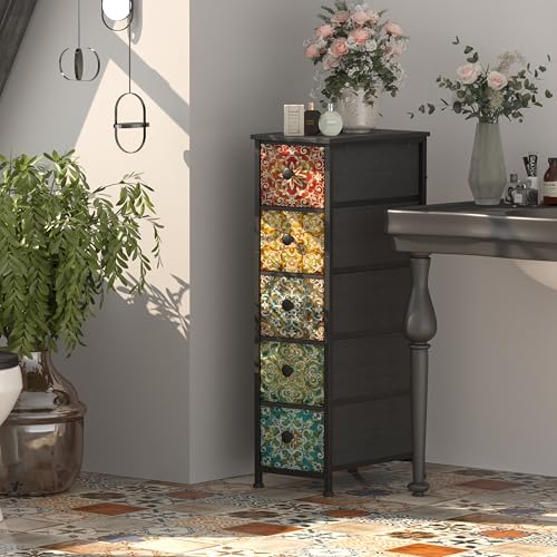 GiftGo Retro Skinny Dresser with Fabric Drawers Thin Slim Boho - Image 5