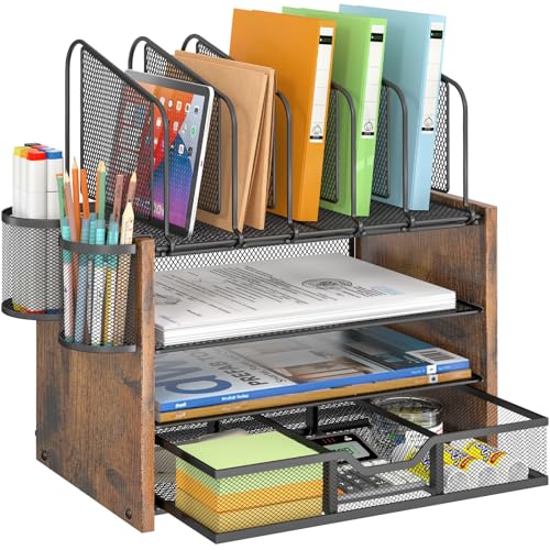 DAOUTIME 4-Tier Mesh Desk Organizer, Wooden Desk File Organizer - Image 2