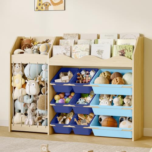 Kids Toy Organizer, Scalloped Shelf, Plush Holder, 12 Blue Bins - Image 2