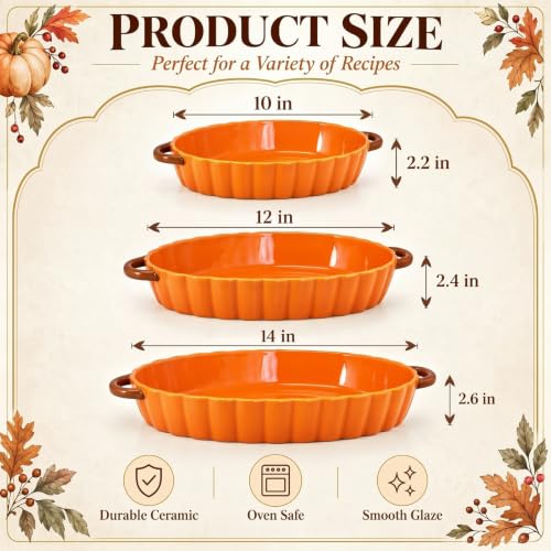 Pumpkin Baking Dish Set of 3 Ceramic Baking Dish, 10''/12''/14" - Image 3
