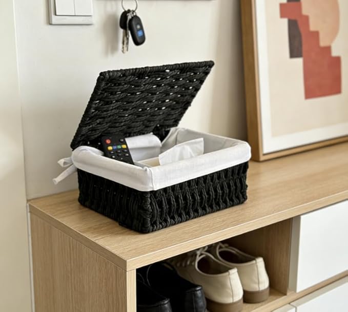 Small Woven Storage Baskets with Lids, Set of 3, Black Paper Rope Wicker Storage Bins for Bathroom Shelf, Stackable Decorative Organizer Boxes