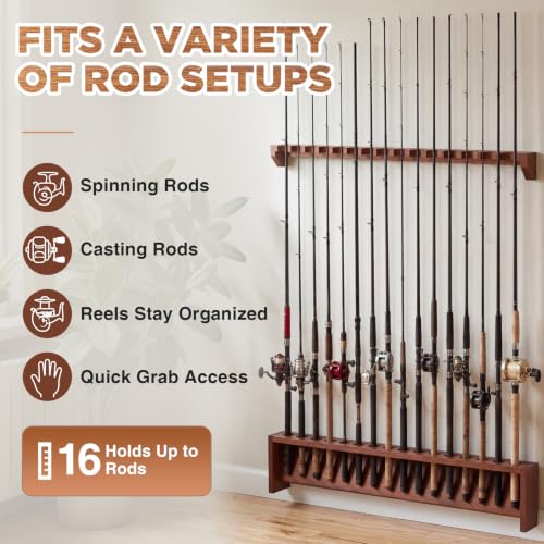 16-Rod Fishing Rod Rack, Wall Mount Oak Wood Pole Holder, Walnut - Image 6