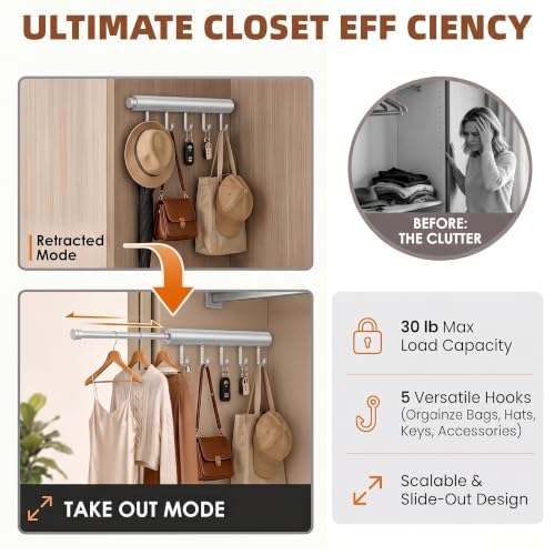 Valet Rod for Closet, 12" Pull Out Retractable with 5 - Image 5