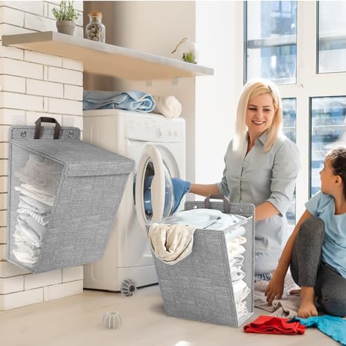 Wall Hanging Laundry Basket, Collapsible Hamper, Set of 2，Grey - Image 3