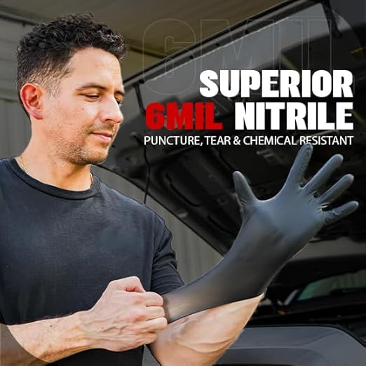 Heavy Duty 6 Mil Black Nitrile Gloves - Disposable, Latex & Powder Free | Mechanic, Food Prep & Tattoo | Rubber Gloves for Cooking, Cleaning & Household |Bulk Case of (1000)
