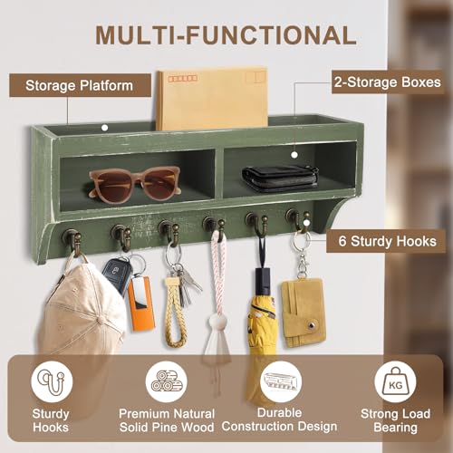 Key Holder Wall Mount with Mail Organizer, 6 Hooks & Shelf, Green - Image 4