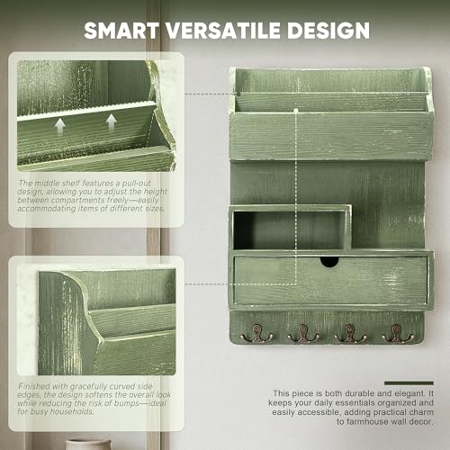 Pine Wood Key Holder Wall Mount with Drawer & Mail Slot, Green - Image 7