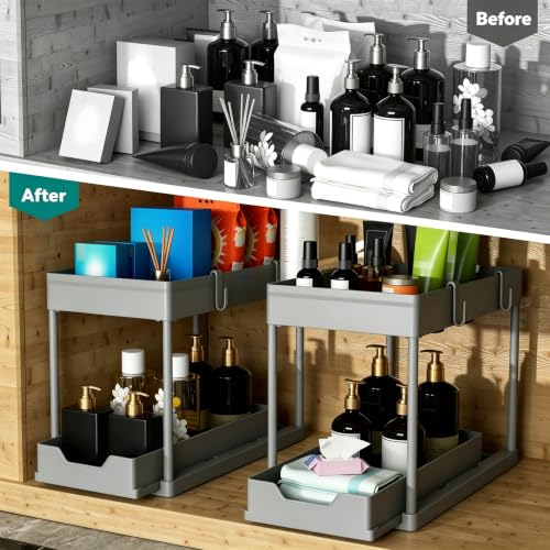 DEKAVA 2 Pack Under Sink Organizer, 2-Tier Sliding Cabinet Basket - Image 5