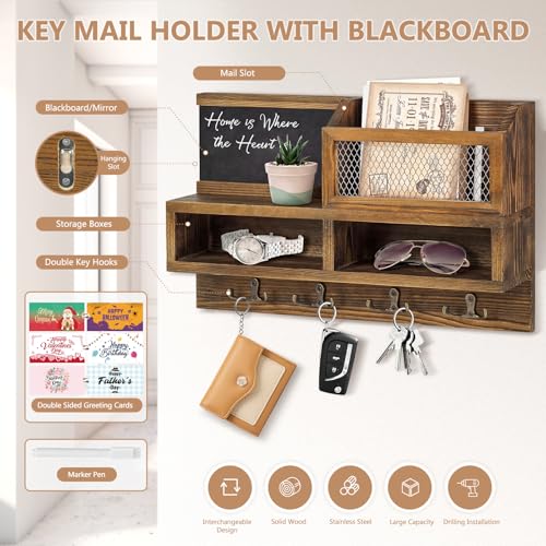 Key Holder Wall Mount, Wooden Mail and Key Organizer, Brown - Image 6