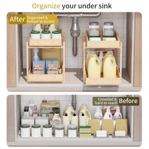 Bamboo Under Sink Organizer 2 Tier Pull Out Cabinet - Image 4