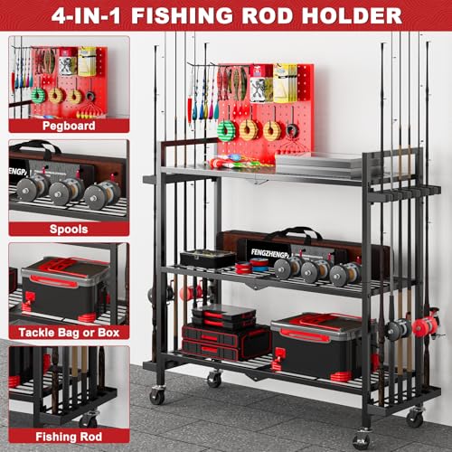 Fishing Rod Holders for Garage, 12-Slot Rolling Pegboard Cart - Image 4