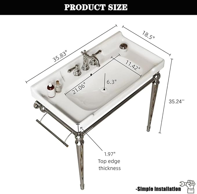 36" Bathroom Console Sink, Wall-Mounted White Ceramic Vanity Basin with 3 Pre-drilled Faucet Holes, Freestanding Chrome Stainless Steel Support Legs with Towel Bar, No Faucet - Rome, White