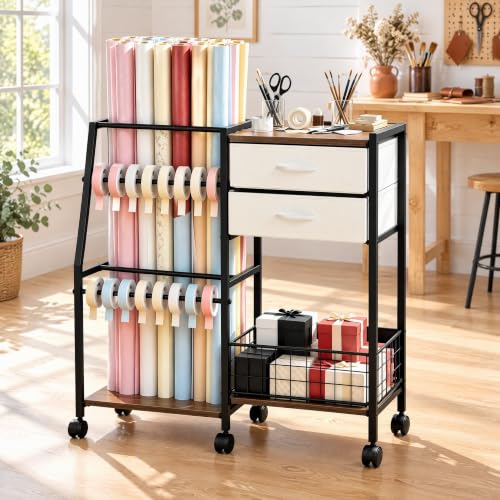 Wrapping Paper Storage Cart, Rolling Gift Wrap Rack with Wheels - Image 2