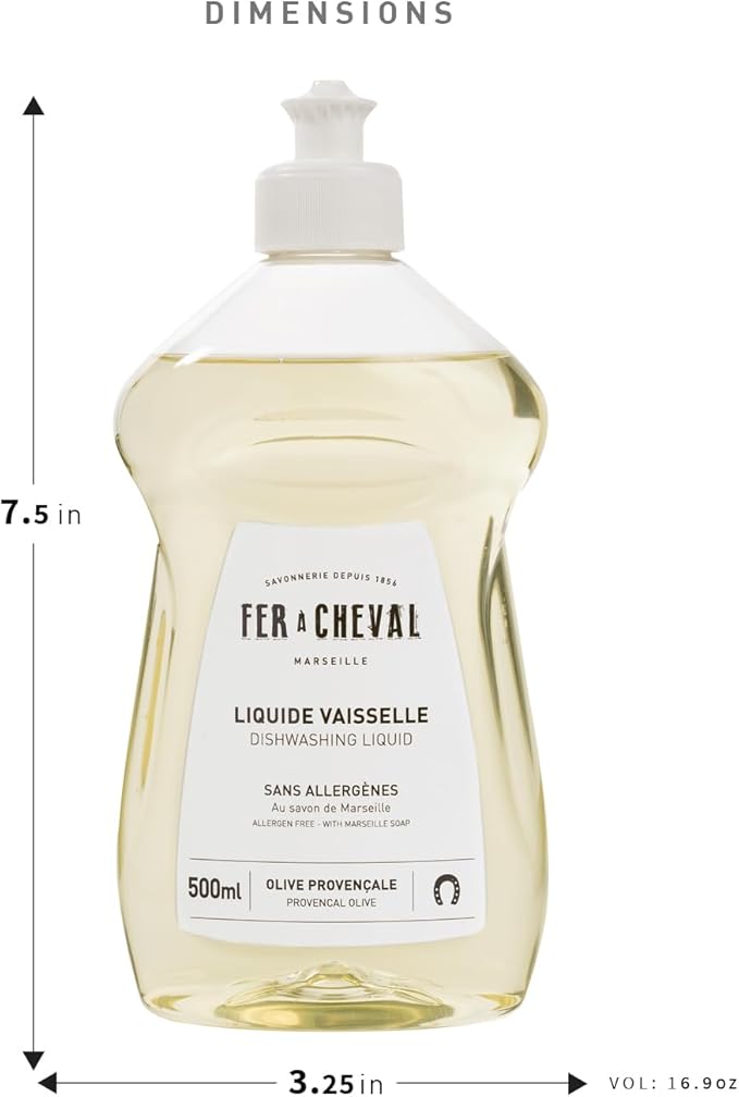 Fer à Cheval Marseille Dishwashing Soap, Olive Oil Based, Made in France - Liquid Dishwashing Bottle, 2 Pack, 500 ml/16.9 fl oz