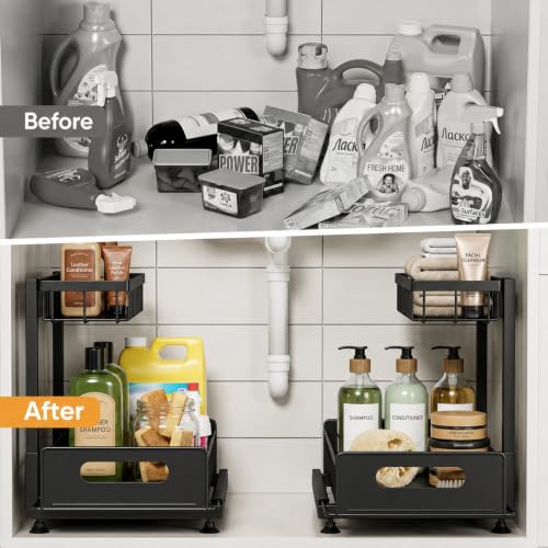 2 Tier Under Sink Organizer, Pull Out Sliding Drawer (Black) - Image 8