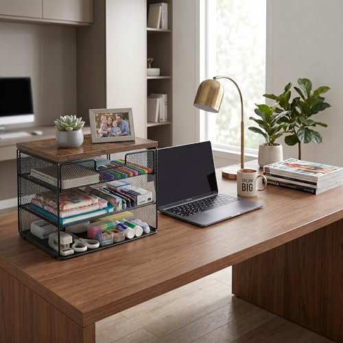 4-Tier Desk Organizer with Drawer Wood Top Paper Tray File - Image 3