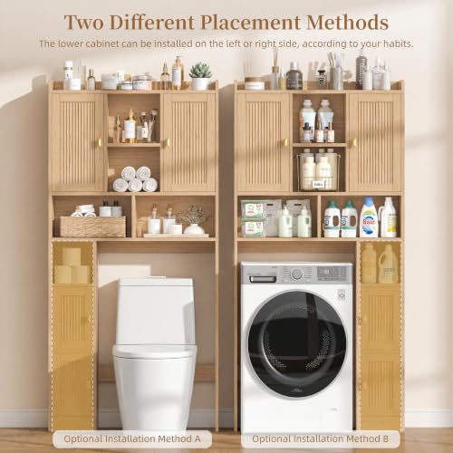 Fluted Over The Toilet Storage Cabinet with 4 Doors, Natural Oak - Image 5