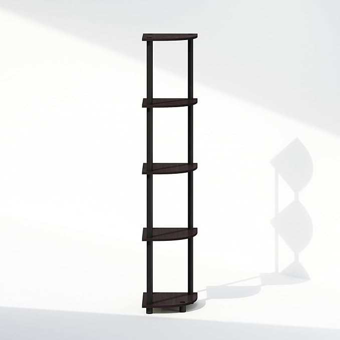 Furinno Turn-N-Tube Corner Shelf, 5-Tier Corner Display Rack, Shelving Unit, for Organization and Storage, Living Room, Home Office, Garage, Bedroom, Dark Walnut