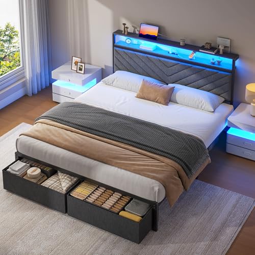 Queen Bed Frame with 2 Drawers, Upholstered Headboard - Image 6
