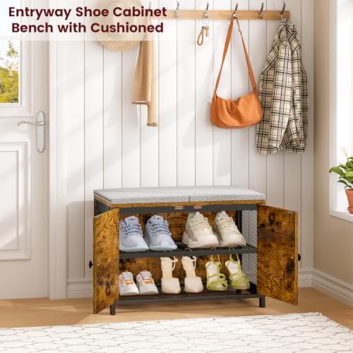 ThreeHio Shoe Bench with Cushion & Doors, Small Entr | All Products - Image 3