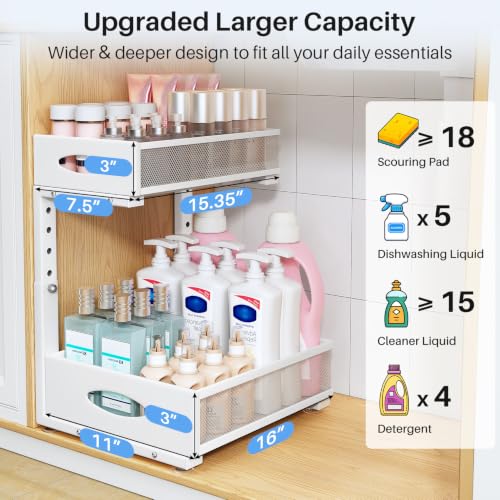Under Sink Organizer, 2 Pack 2 Tier Pull Out Under Cabinet Organizer Shelf with Pad for Framed Cabinets, Metal Slide Out Under Sink Storage, Mesh Sliding Drawers for Kitchen Bathro - Image 4