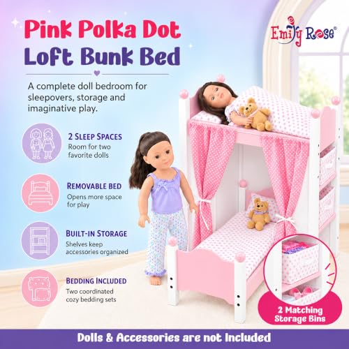 Emily Rose 18” Doll Loft Bunk Bed Pink - Bunkbed w/Storage - Image 4