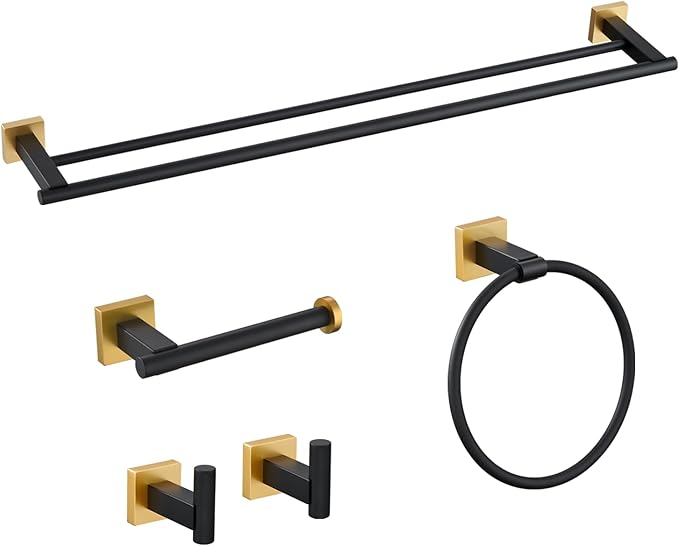 Miyili 5-Piece SUS304 Stainless Steel Bathroom Hardware Kit - Incould 30" Double Towel Bar, 5" Toilet Paper Holder, Towel Ring, 2 x Robe Hooks, Bathroom Accessories Set Wall Mount, Matte Black & Gold