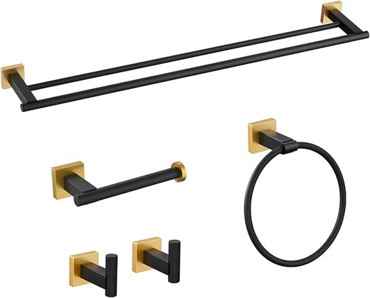 Miyili 5-Piece SUS304 Stainless Steel Bathroom Hardware Kit - Incould 30" Double Towel Bar, 5" Toilet Paper Holder, Towel Ring, 2 x Robe Hooks, Bathroom Accessories Set Wall Mount, Matte Black & Gold