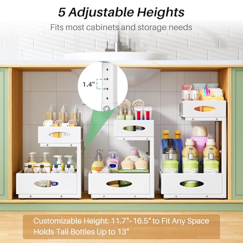 Under Sink Organizer, 2-Pack Pull Out Cabinet Organizer 2 Tier Metal Slide Out Storage Shelf Rack, L-Shaped Adjustable Height,Mesh Sliding Drawer for Kitchen, Bathroom, Laundry, Pa - Image 6