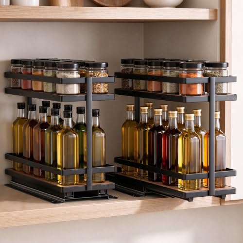 Pull Out Spice Rack 2Pcs Metal & Wood Seasoning Organizer Black - Image 2