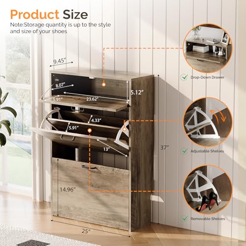 VINGLI Shoe Cabinet Storage for Entryway,Washed Grey Narrow Shoe - Image 4
