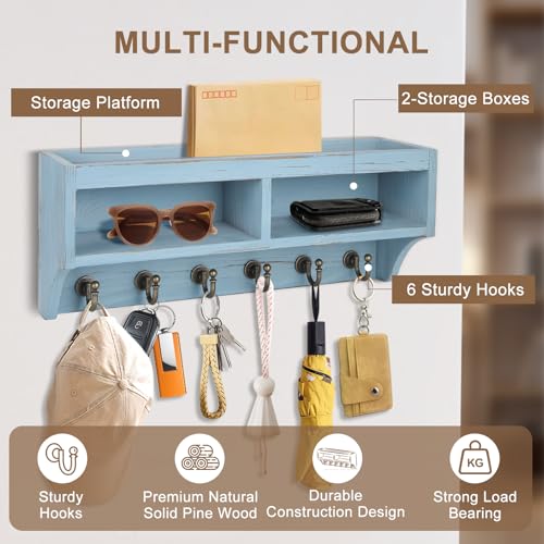 Key Holder Wall Mount with Mail Organizer, 6 Hooks & Shelf, Blue - Image 4