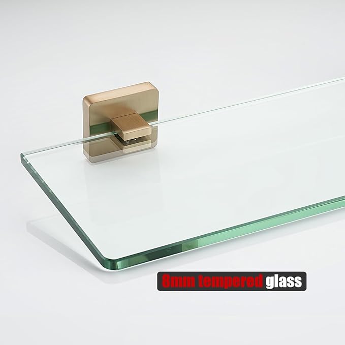 JQK Bathroom Glass Shelf, Tempered Glass Shower Storage 12 by 5 inches, 304 Stainless Steel Champagne Bronze Wall Mount, TGS201L12-CB