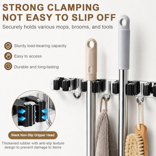 4 Pack Broom Holder Wall Mount, 5 Racks 4 Hooks Mop - Image 5
