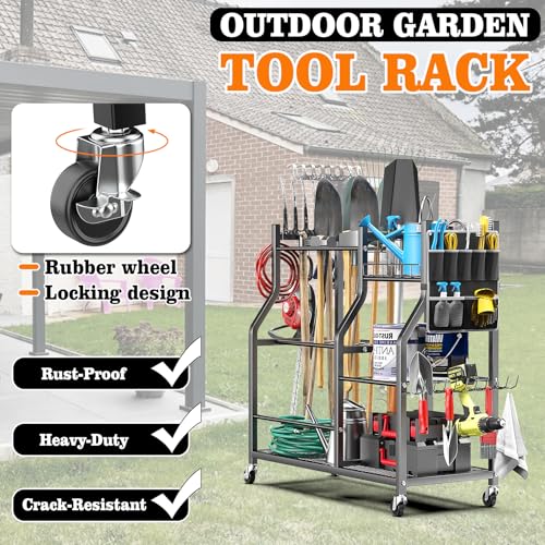 36" Large Garden Tool Organizer with Wheels & Side Tool Bag - Image 6