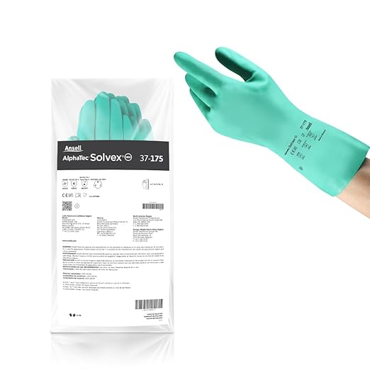 Ansell AlphaTec Solvex 37-175 Flocked Chemical-Resistant Gloves for Cleaning, Agriculture, Food, Mechanics, Oil - Med, Green (12 Pairs)
