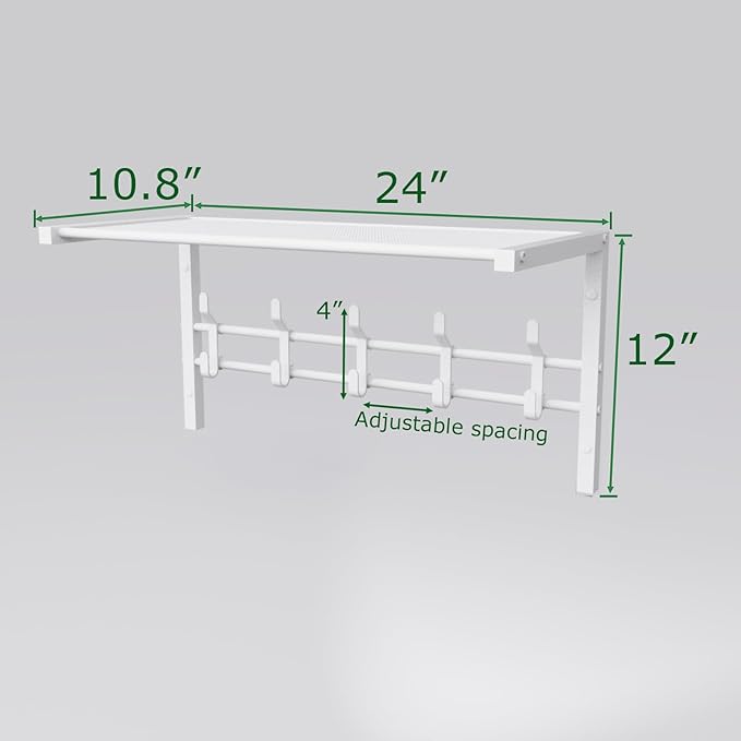 Wall Mount Coat Rack with Shelf and Adjustable Hooks - Entryway Towel Organizer for Bag and Hangers (White, 24x12 inch)