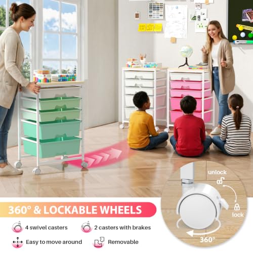 Rolling Cart with 5 Drawers for Craft, Art, Dorm, Office, Pink - Image 6