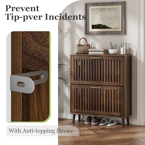 Shoe Cabinet, Shoe Storage Cabinet with Louvered 2 Flip Drawers - Image 5