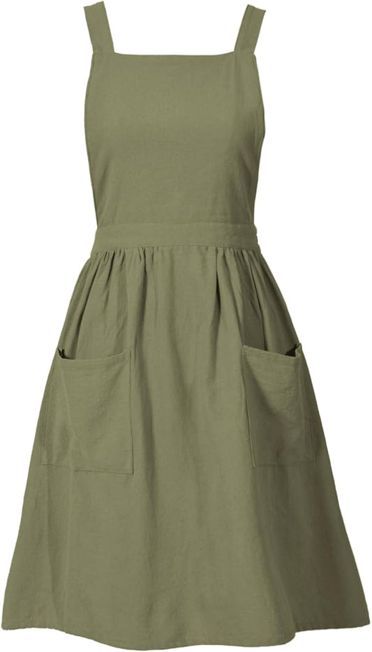 Cotton Linen Pinafore Apron Dress for Women with Pockets Cute Art Chef Aprons for Kitchen Baking Gardening Painting
