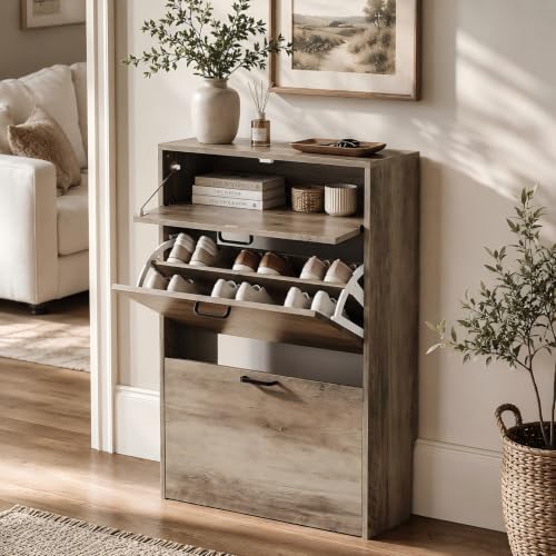 VINGLI Shoe Cabinet Storage for Entryway,Washed Grey Narrow Shoe - Image 2