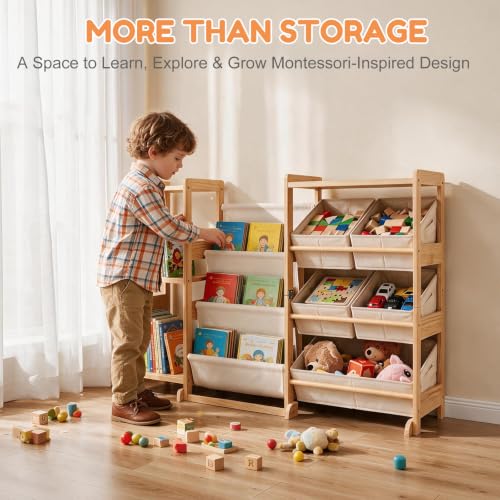 Kids Bookshelf & Toy Storage Organizer with 5 White Bins - Image 5
