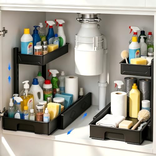 2 Pack Under Sink Organizer, L-Shaped 2 Tier Pull Out - Image 2