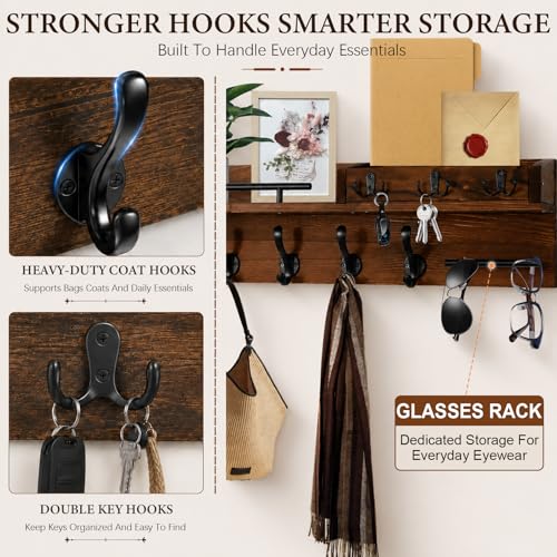 Wall Mount Wooden Coat Rack with Shelf, Entryway Key Hook - Image 7