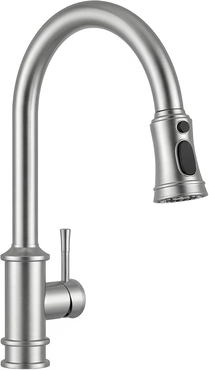 Vintage Kitchen Faucets with Pull Down Sprayer, Stainless Steel High Arc Kitchen Sink Faucet, Drip-Free 3 Spray Mode Faucet with 360° Rotation, Easy DIY Single Hole Install (Brushed Nickel)